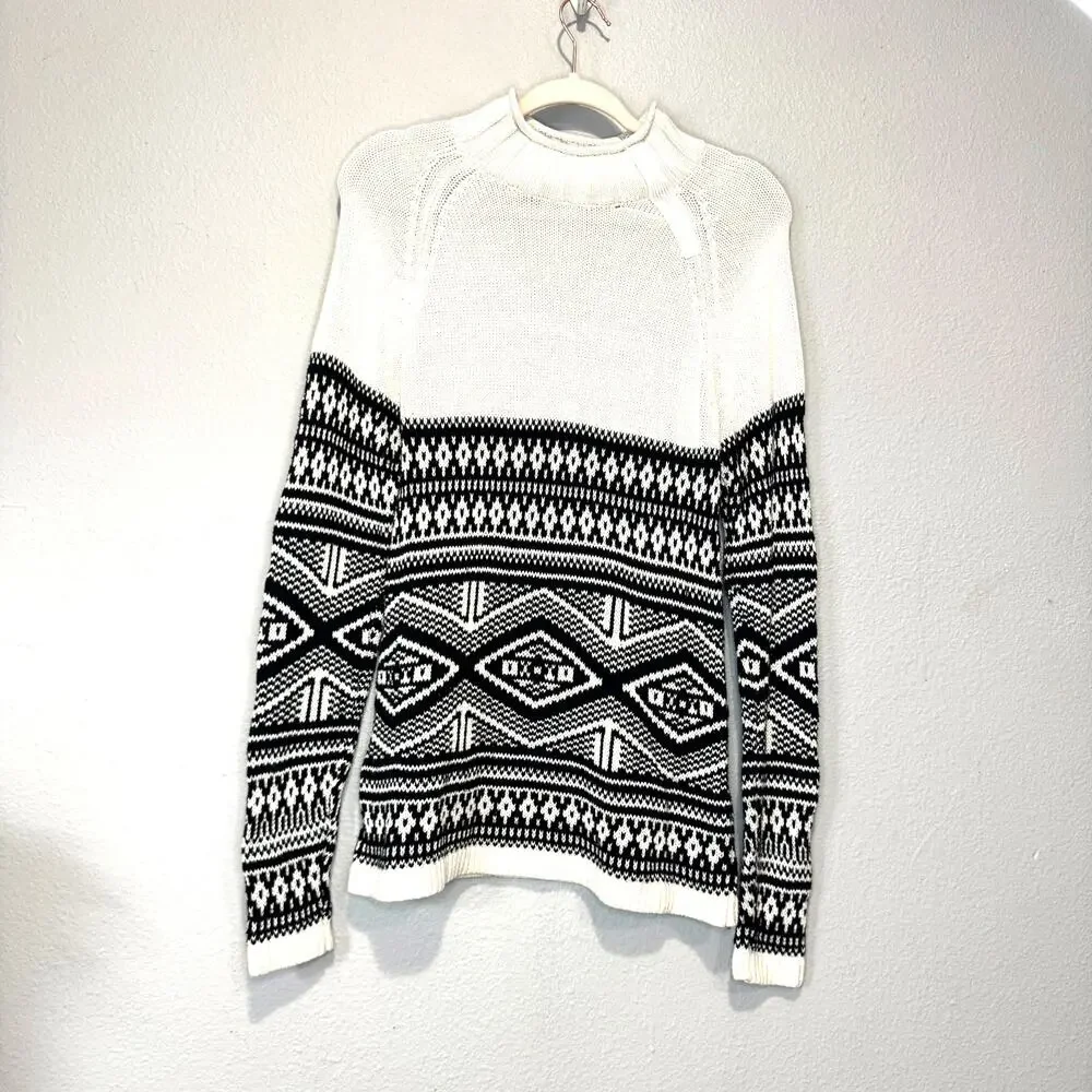 Christopher & Banks Fair Isle Roll Mock Neck Sweater Size Small Black Ivory - Picture 1 of 5